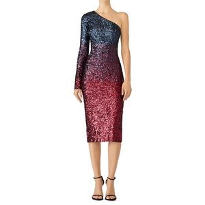 Dress the Population Chrissie Red Blue Sequined One Shoulder Long Sleeve Dress M